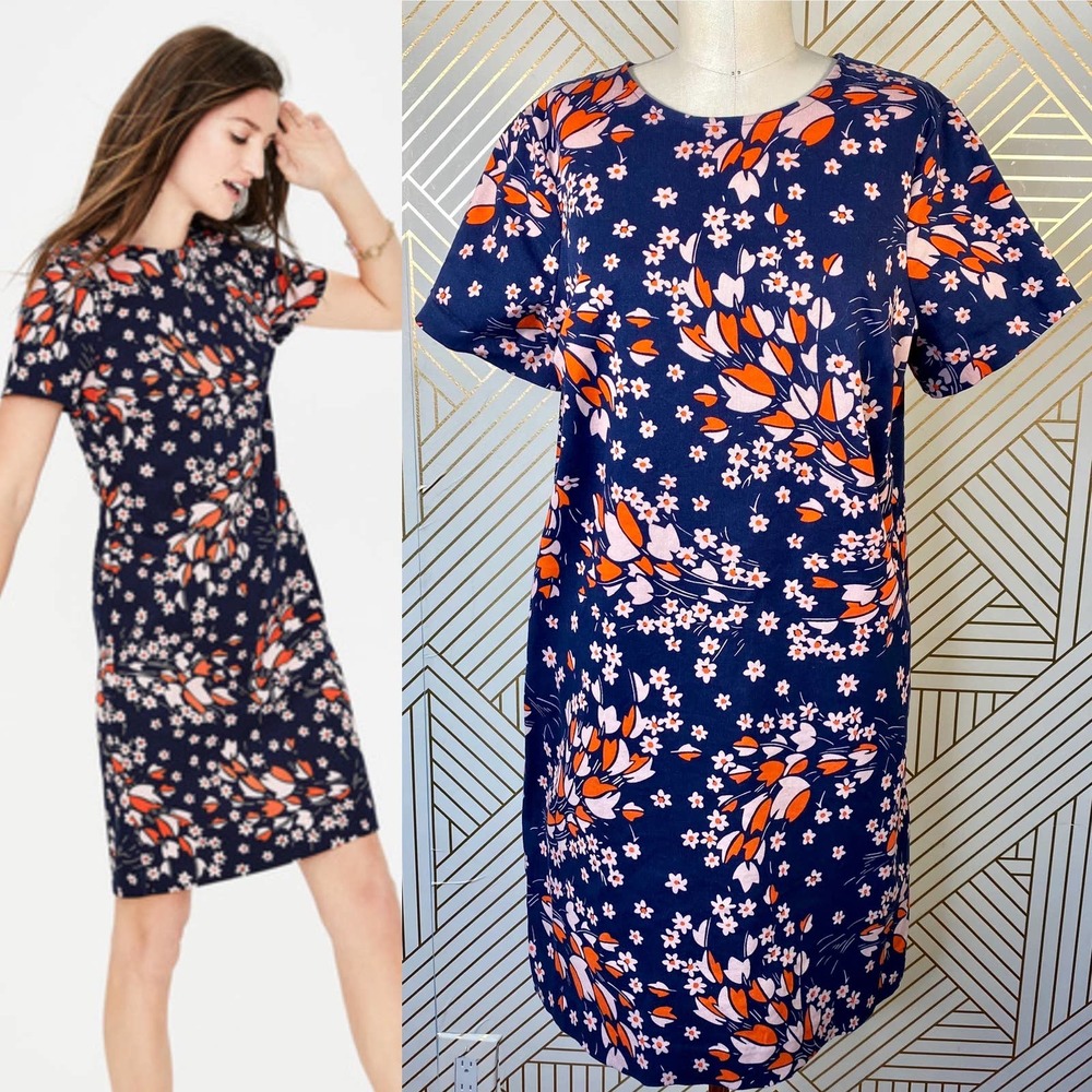 Boden Easy Shift Dress Navy Autumnal Leaves